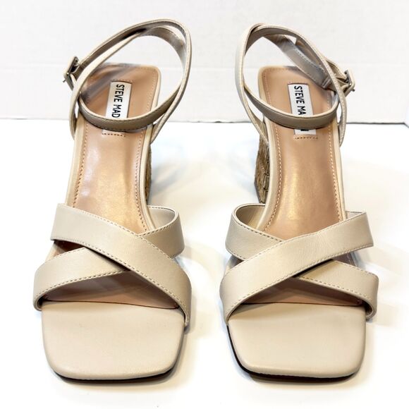 Steve Madden Renley Raffia Block Heel Ankle Strap Sandals Bone Size 11 Prom 3.5" - Picture 10 of 16